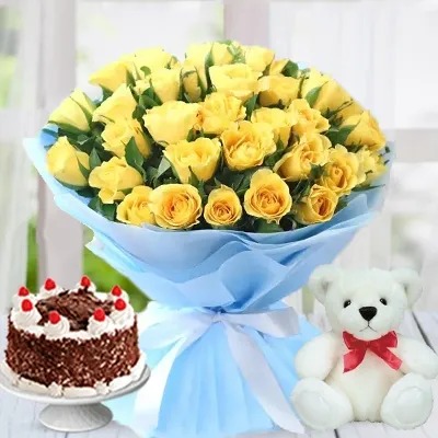 Yellow Rose Bunch & Cake With Teddy